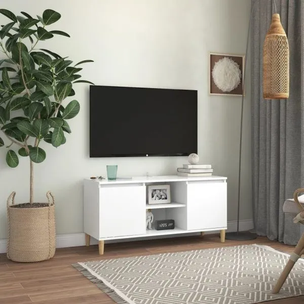 Comodă TV cu picioare din lemn masiv, alb, 103,5x35x50 cm