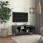 Comodă TV & picioare lemn masiv gri extralucios 103,5x35x50 cm