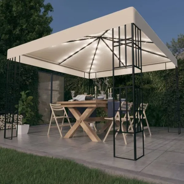 Pavilion cu șir de lumini LED, crem, 3×3 m