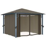 Pavilion cu perdele&șiruri lumini LED gri taupe 3×3 m aluminiu