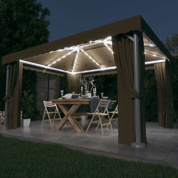 Pavilion cu perdea & șir de lumini LED, gri taupe, 4×3 m