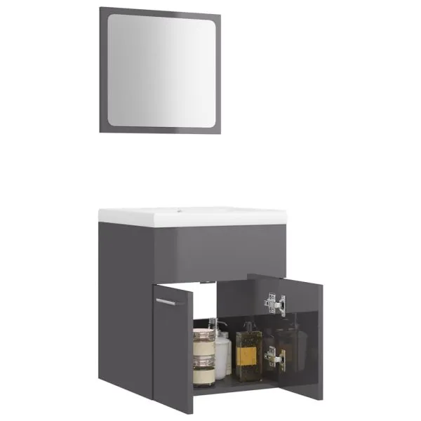 Set mobilier de baie, gri extralucios, lemn prelucrat