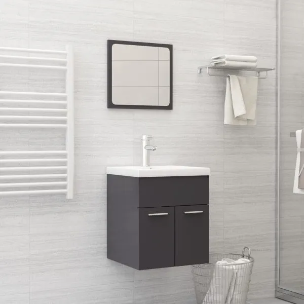 Set mobilier de baie, gri extralucios, lemn prelucrat