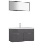 Set mobilier de baie, gri extralucios, lemn prelucrat