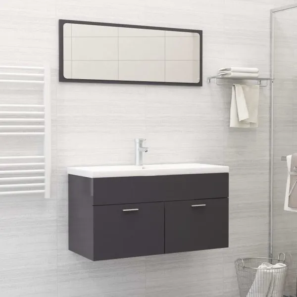 Set mobilier de baie, gri extralucios, lemn prelucrat