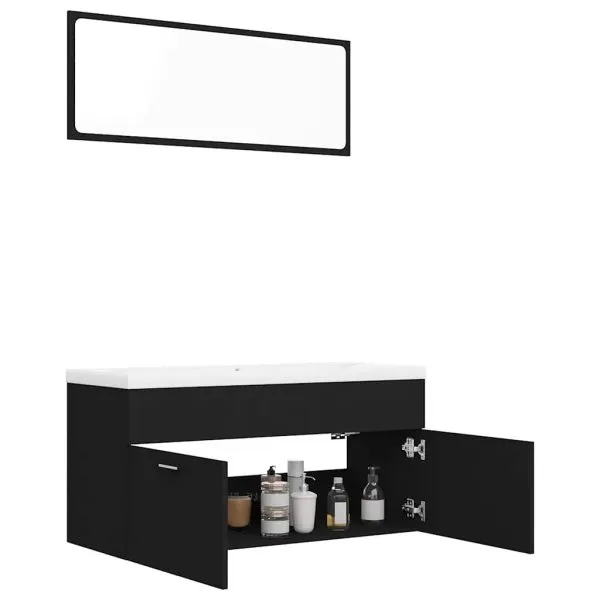 Set mobilier de baie, negru, lemn prelucrat