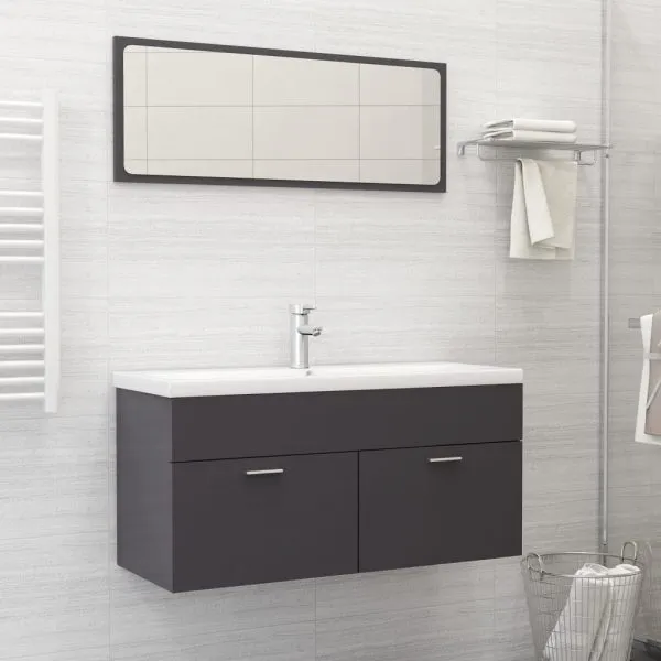 Set mobilier de baie, gri extralucios, lemn prelucrat