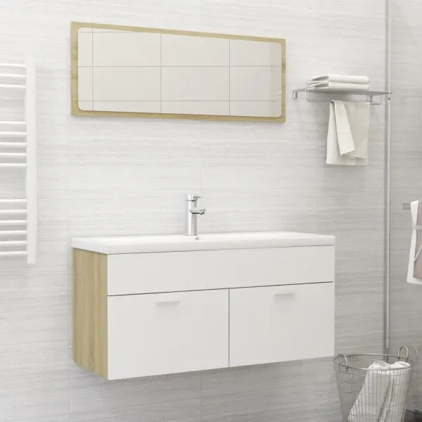 Set mobilier de baie, alb și stejar sonoma, lemn prelucrat