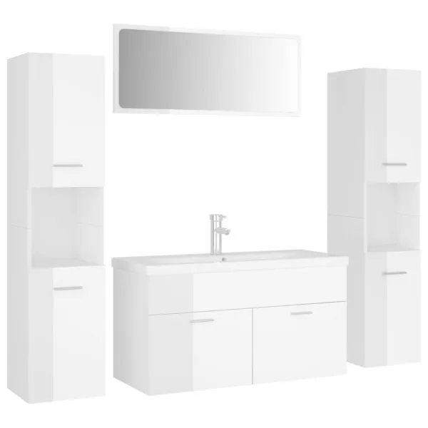 Set mobilier de baie, alb extralucios, lemn prelucrat