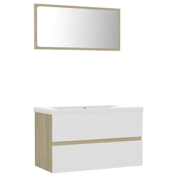 Set mobilier de baie, alb și stejar sonoma, lemn prelucrat
