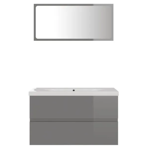 Set mobilier de baie, gri extralucios, lemn prelucrat