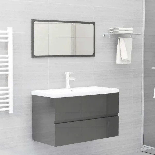 Set mobilier de baie, gri extralucios, lemn prelucrat