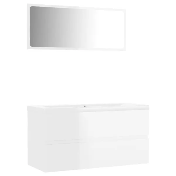 Set mobilier de baie, alb extralucios, lemn prelucrat