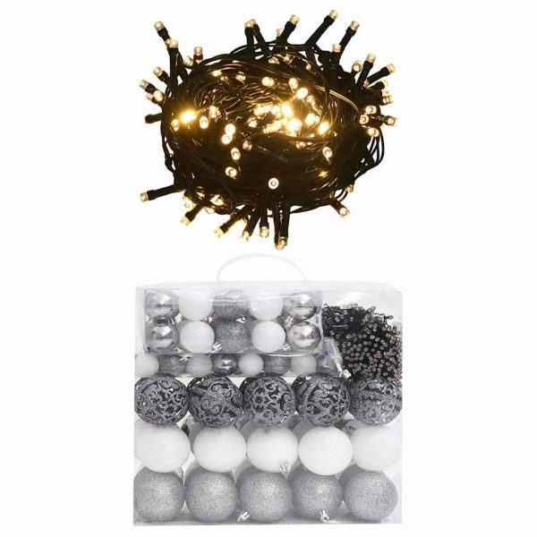 Set globuri Crăciun cu vârf & 300 LED-uri 120 piese alb & gri