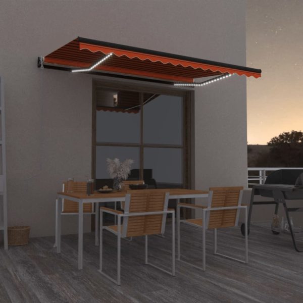 Copertină automată, senzor vânt & LED, oranj/maro, 400×350 cm