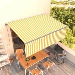 Copertină retractabilă automat cu stor, galben&alb, 4×3 m