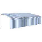 Copertină retractabilă manual cu stor&LED,albastru&alb, 5×3 m
