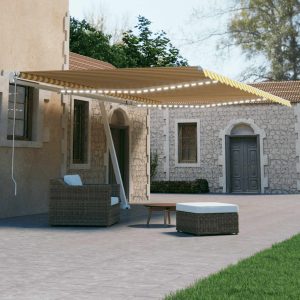 Copertină automată cu senzor vânt & LED, galben/alb, 600×300 cm