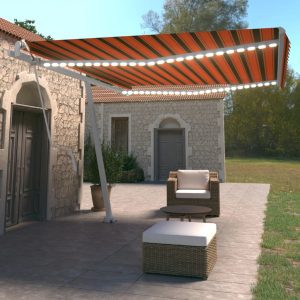 Copertină automată, senzor vânt&LED, oranj/maro, 450×350 cm