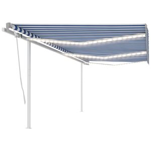 Copertină automată cu senzor vânt & LED, albastru & alb, 6×3 m