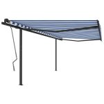 Copertină retractabilă automat, cu stâlpi albastru și alb 4×3 m