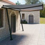 Copertină retractabilă automat, cu stâlpi albastru și alb 4×3 m