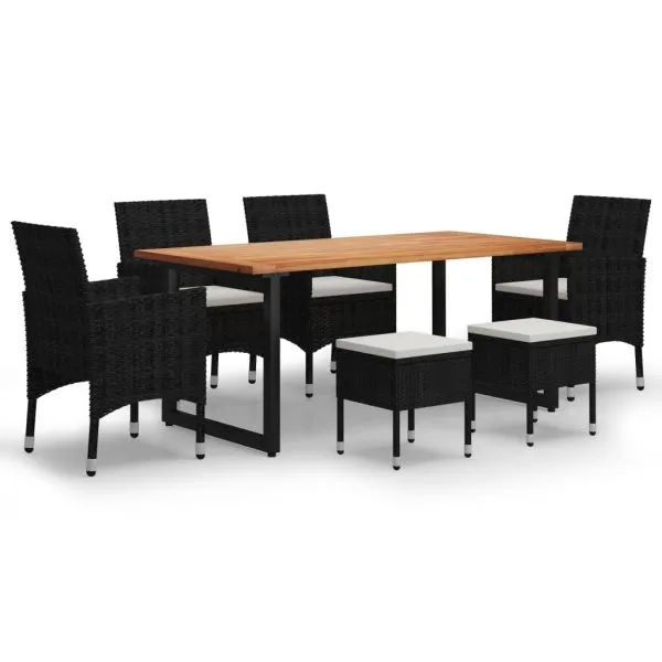 Set de masă pentru grădină cu perne, 7 piese, negru, poliratan
