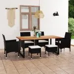 Set de masă pentru grădină cu perne, 7 piese, negru, poliratan