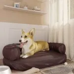 Pat pentru câini spumă ergonomică maro 88×65 cm piele ecologică