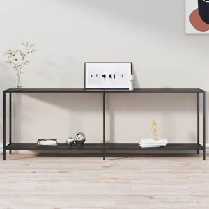 Masă consolă, negru, 220x35x75,5 cm, sticlă securizată