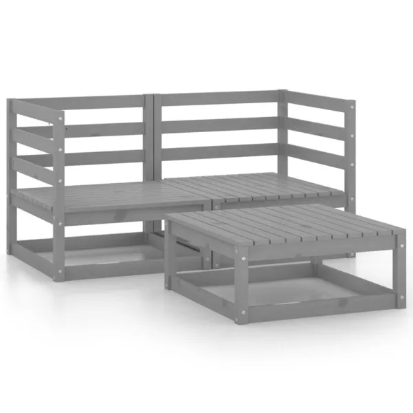 Set mobilier de grădină, 3 piese, gri, lemn masiv de pin
