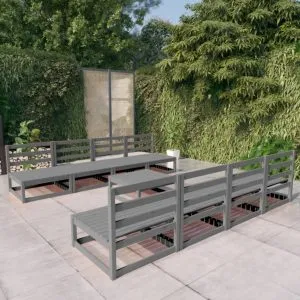 Set mobilier de grădină, 9 piese, gri, lemn masiv de pin