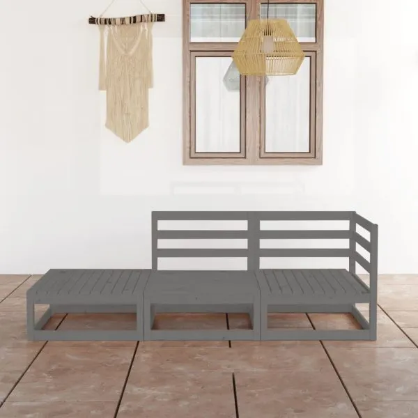Set mobilier de grădină, 3 piese, gri, lemn masiv de pin