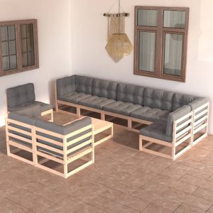 Set mobilier grădină cu perne, 10 piese, lemn masiv de pin