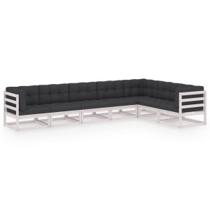 Set mobilier grădină cu perne, 7 piese, alb, lemn masiv de pin