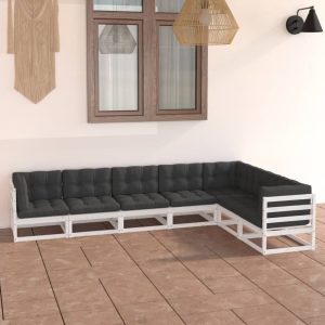 Set mobilier grădină cu perne, 7 piese, alb, lemn masiv de pin