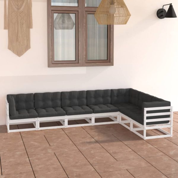 Set mobilier grădină cu perne, 7 piese, alb, lemn masiv de pin