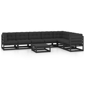 Set mobilier grădină cu perne, 8 piese, negru, lemn masiv pin