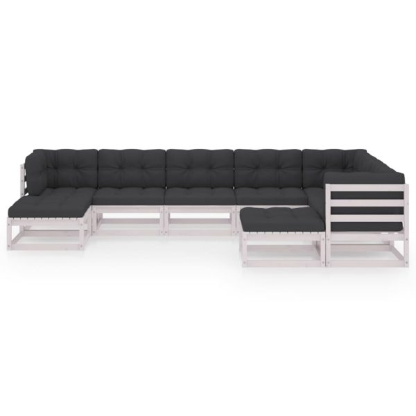 Set mobilier grădină cu perne, 9 piese, alb, lemn masiv de pin