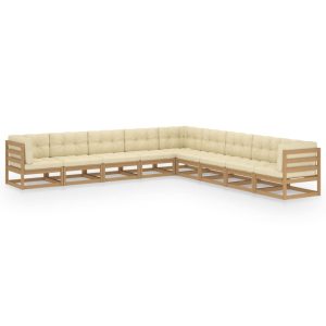 Set mobilier grădină, perne, 9 piese, maro miere lemn masiv pin