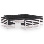 Set mobilier grădină cu perne, 11 piese, alb, lemn masiv pin