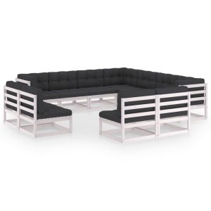 Set mobilier grădină cu perne, 11 piese, alb, lemn masiv pin
