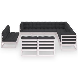 Set mobilier grădină cu perne, 11 piese, alb, lemn masiv pin