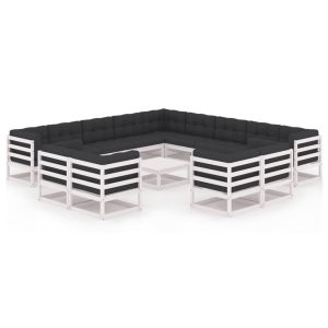 Set mobilier de grădină cu perne, 14 piese, alb, lemn masiv pin
