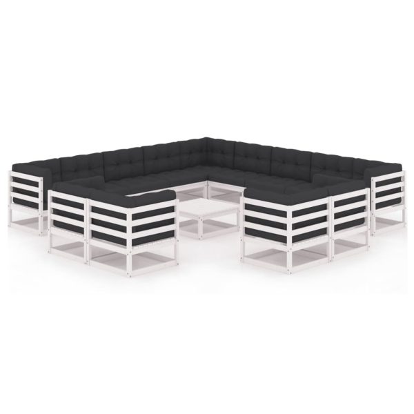 Set mobilier de grădină cu perne, 14 piese, alb, lemn masiv pin