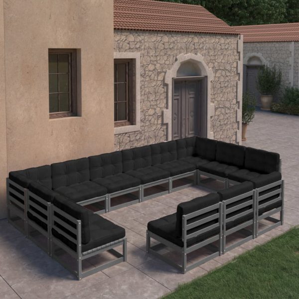 Set mobilier grădină cu perne, 13 piese, gri, lemn masiv de pin