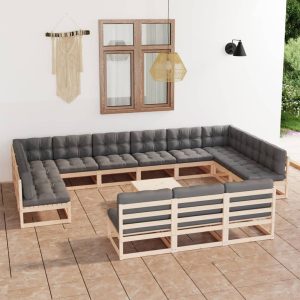 Set mobilier de grădină cu perne, 14 piese, lemn masiv de pin