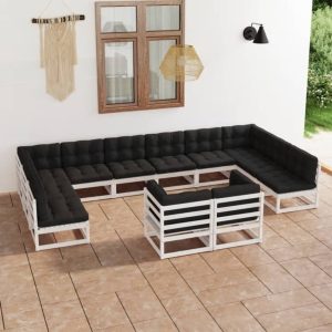 Set mobilier grădină cu perne, 12 piese, alb, lemn masiv de pin