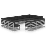 Set mobilier grădină cu perne, 13 piese, gri, lemn masiv de pin