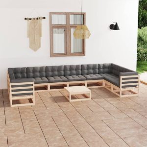 Set mobilier grădină cu perne, 11 piese, lemn masiv de pin